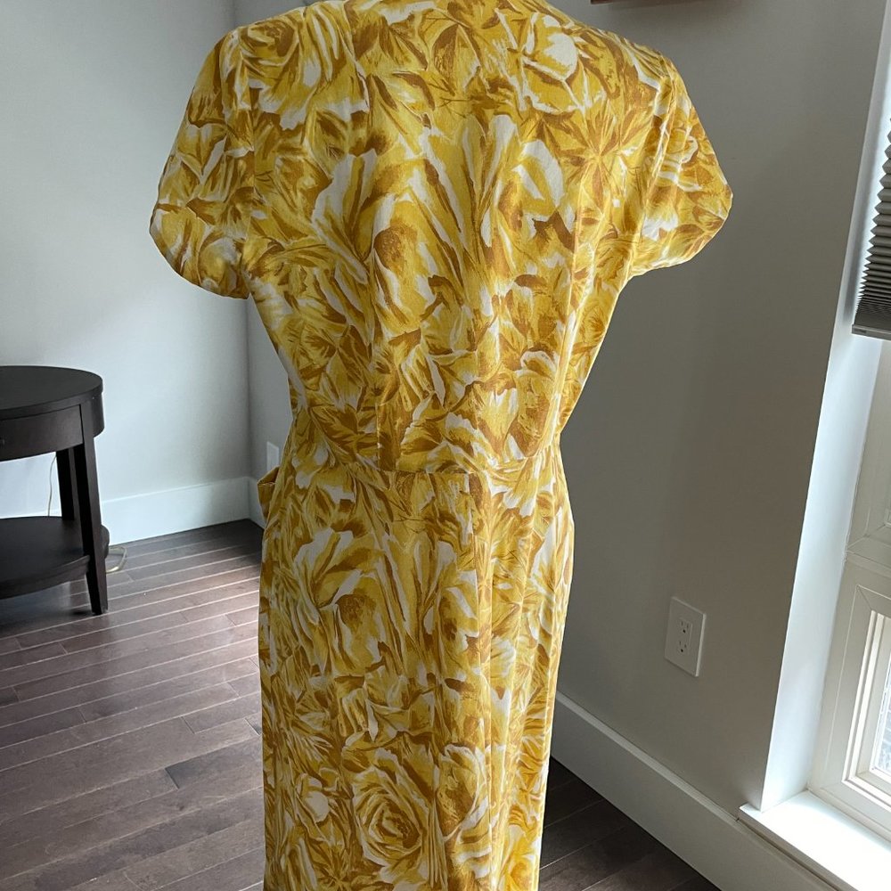 Vintage 50s Brentwood Cotton Womens L Yellow/Tan Floral Day Shirt Dress - Picture 5 of 7